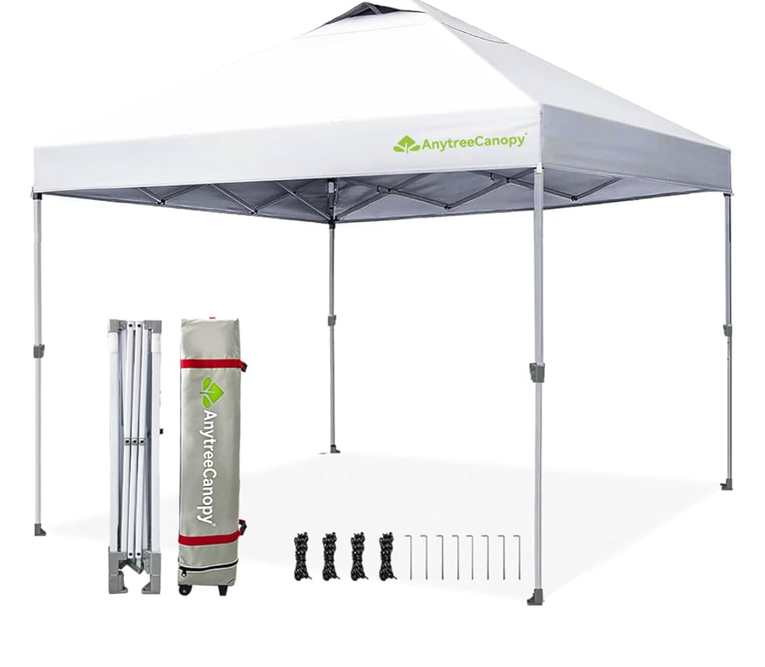 Anytee-10x10 Pop Up Canopy Tent, Easy Up Waterproof Outdoor Canopy with Wheeled Bag, Sun Shade for Patio, Backyard, Parties, Camping-White Ventilated