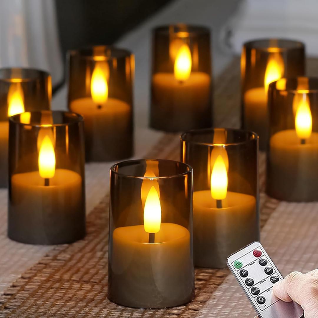 Flameless Small Tea Light LED Candles, Acrylic Battery Operated Votive 1.7" x2.5" with Remote Control and Timer, Tealight Grey Flickering Warm Light Pack of 8 Electric Long Lasting (Gray)