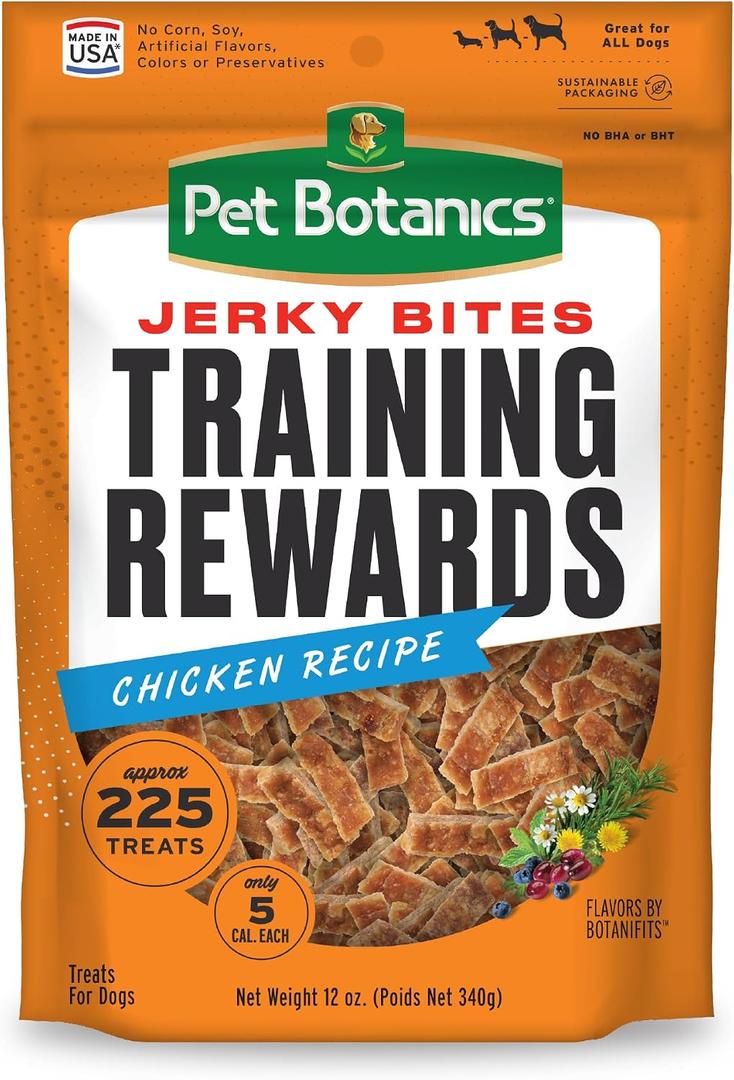 Pet Botanics Training Rewards Jerky Bites, Chicken Recipe, 12 oz Pouch | High-value Reward for Training, BotaniFits Botanical Blend, Only 5 Calories Each, Made in the USA, 225 Treats Per Bag (EXP 07/08/26)