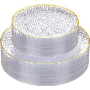 Hioasis 60pcs Clear Plastic Plates - Gold Rimmed Disposable, Hammered, Heavy-duty Dinnerware Set Suitable for 30 Guests, 10.25" Dinner & 7.5" Dessert Plates for Party & Wedding