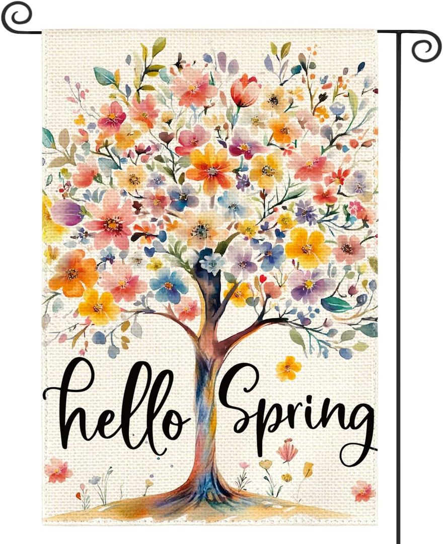AVOIN colorlife Hello Spring Garden Flag 12x18 Inch Double Sided Outside, Seasonal Flowers Tree Yard Outdoor Flag