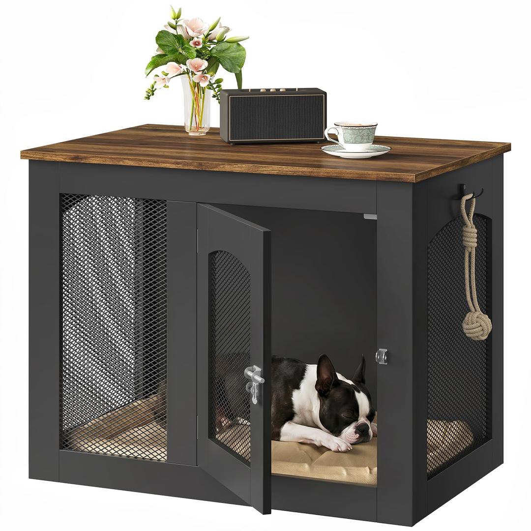 CHOEZON Wooden 30.1" Dog Crate Furniture, Farmhouse Pet Cage End Table with Secure Lock, Ventilated Mesh for Medium Dogs, Dog Kennel Furniture for Living Room, Bedroom, Black and Walnut MGW02BL