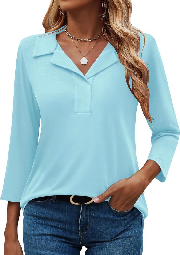 LUYAA Womens Polo Shirts 3/4 Length Sleeve Tops Collar V Neck Business Casual Blouses (Medium, Light Blue)
