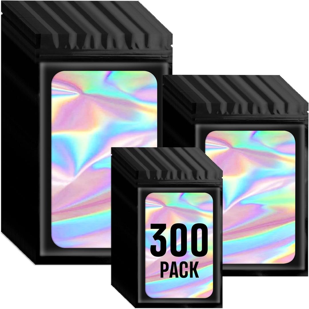 Funfery 300 Pack 3 Size Mylar Holographic Bags with Clear Window,Resealable Bag Smell Proof Bags Zipper Foil Baggie Packaging Pouch for Food Storage,Sample,Small Business(Black,3x4.7,4x6,4.7x7.9in)
