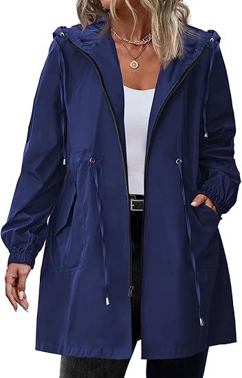 IN'VOLAND Women's Rain Jacket Plus Size Long Raincoat Lightweight Hooded Windbreaker Waterproof Jackets with Pockets, 18 W