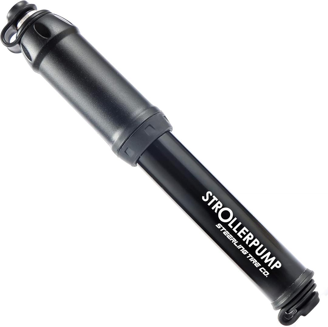 StrollerPump by Steerling Tire Co.- Portable Stroller Tire Pump Compatible with Graco, Baby Trend, BOB Stroller & More *UNCAP Stroller Pump to FIND THE Bendable Hose* Valve Adaptors & Mount Included