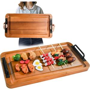Large Wooden Charcuterie Boards with Handles, Extra Long Wood Serving Tray Platters,Rectangular BBQ Meat Cutting Cheese Board for Party Appetizers,Home & Outdoor 23.6x11.8x1.1