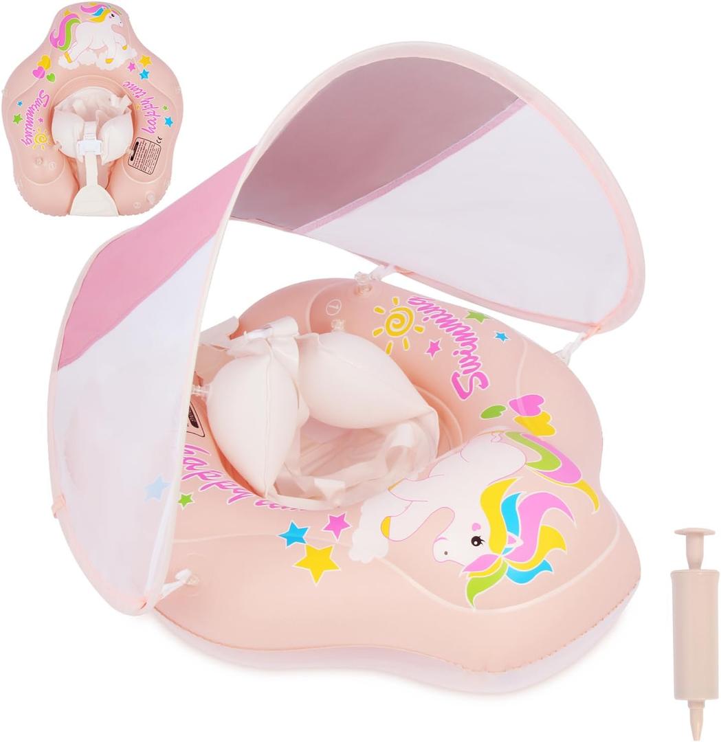Baby Pool Float with Canopy UPF50+ Protection, Inflatable Kids Pool Floats with Anti-flip Design for Baby 3-36 Months,Infant Swimming Float with Adjustable Safety Seat for Toddler