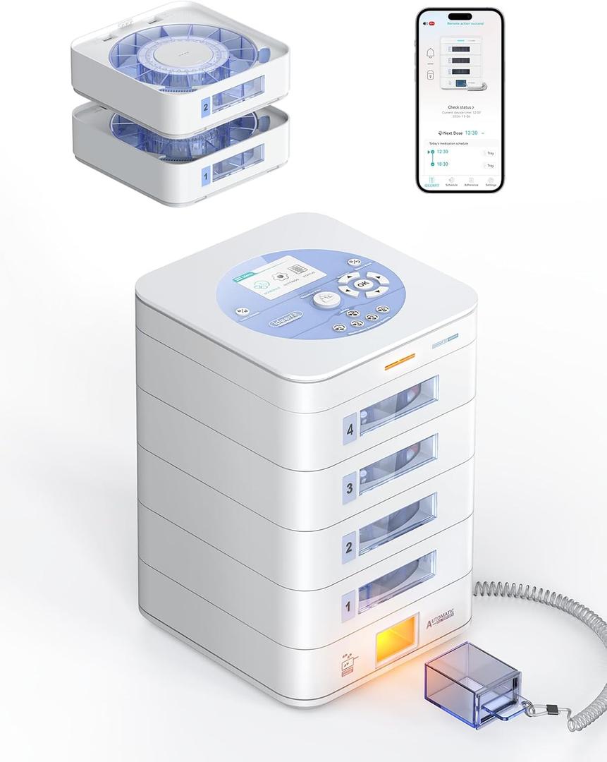 56-Day Automatic Pill Dispenser  App & On-Device Setup by Family, LCD Display, Digital Lock, Sound & Light Alerts  Safe Medication Organizer Management for Seniors (4-Tray, White)