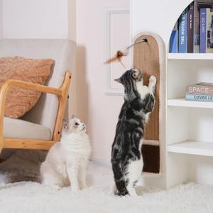 28" Wall Mounted Cat Scratcher for Indoor Cats Vertical Sisal Cat Scratching Board with Self-Grooming Brush & Hanging Toy, Space-Saving Cat Wall Furniture, No-Drill Adhesive or Screw Mount