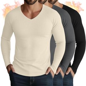 3 Pack Men's Thermal Shirts Big and Tall Fleece Lined Long Sleeve V Neck Base Layer Raglan Curved Hem Warm Tops (Blue)