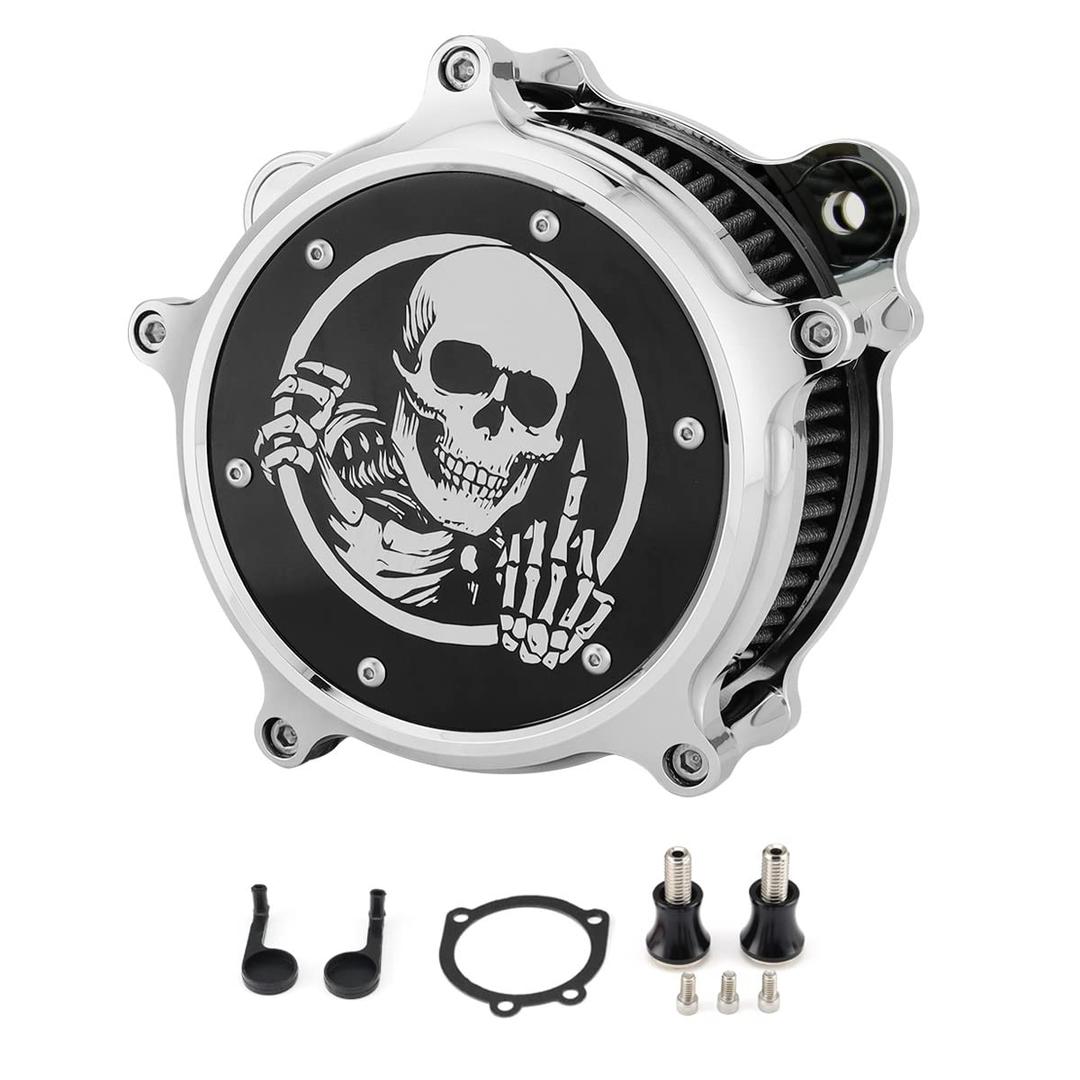 High Flow Air Filter Intake Kit with Skull Design for Harley Dyna Softail Touring EVO (Chromed, Built-in Breather) 1993-2017
