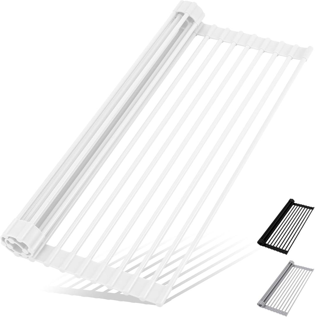 HANZENMA Roll Up Dish Drying Rack Over The Sink Kitchen Roll Up Sink Drying Rack Multipurpose Foldable Sink Drying Mat, Heat-Resistant, Anti-Slip & Anti-Rust Dish Rack for Kitchen, 20.5" x 13", White, Rectangle: 20.5" x 13"