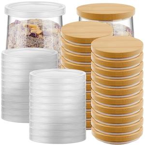 Tessco for You 40 Pcs Yogurt Jar Lids Compatible with Oui Jars Bamboo Wooden & Clear Plastic Yogurt Jar Lids for Wide Mouth Storage Containers