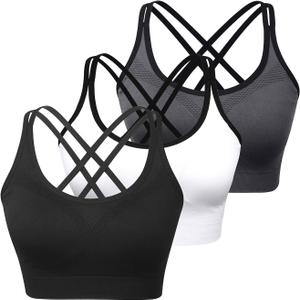 WOYYHO Cross Back Sports Bra for Women Padded Strappy Yoga Bra Medium Support Workout Bra for Athletic Gym Fitness 3 Pack, XL