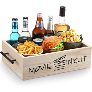 15 Inch Movie Night Snack Trays with Handles Wooden Snack Popcorn Bowl Organizer Movie Night Supplies Candy Food Storage Bin Basket for Theater Family Birthday Party(Classic)