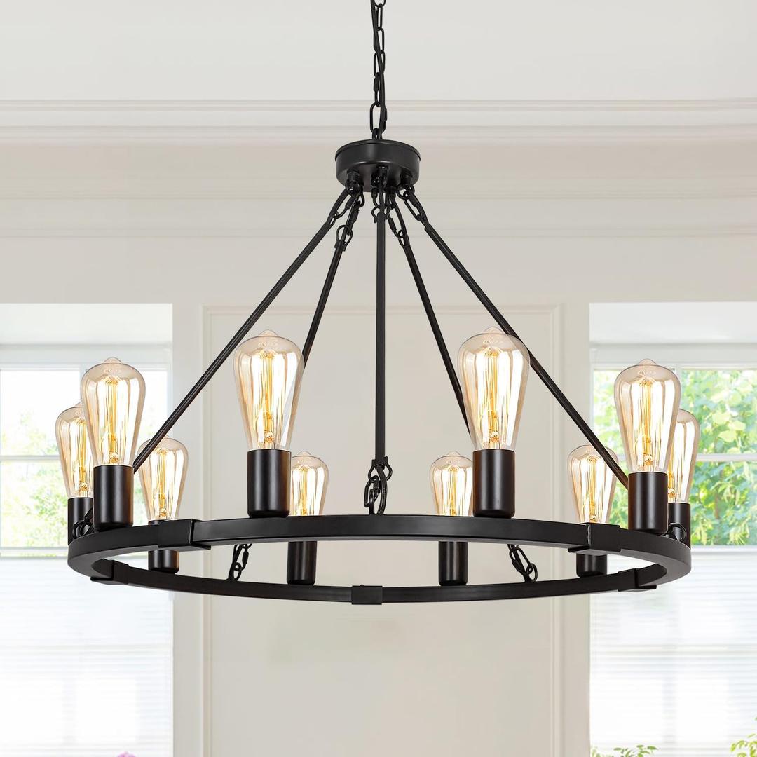 26.9" 10-Light Black Wagon Wheel Chandelier, Farmhouse Round Chandelier for High Ceiling Rustic Industrial Pendant Light Fixture for Kitchen Island Living Room Dining Room Entryway Bedroom Foyer