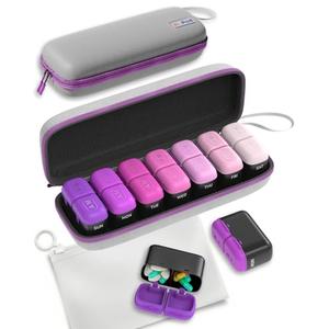 Weekly Pill Organizer, 7 Day Travel Medicine Pill case with Moisture-Proof Silicone Lid, Large AM PM Daily Pill Organizer 2 Times a Day for Vitamins & Supplements, Secure Zipper Pill Box(Purple)