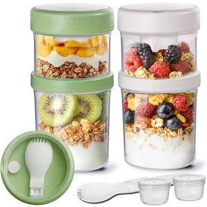 ComSaf 2 Pack Overnight Oats Containers with Lids 27 oz, Plastic Yogurt Parfait Cups with Folding Spoons to Go, Dual-Layer Chia Pudding Jars Reusable with Granola Holder for Snack, Meal Prep, Sala
