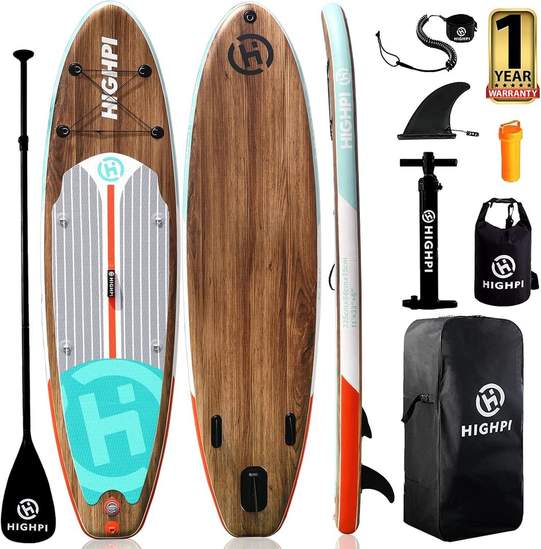 Highpi Inflatable Stand Up Paddle Board Premium SUP Accessories, Backpack, Wide Stance, Surf Control, Non-Slip Deck, Leash, Paddle and Pump, Standing Boat for Youth and Adult (Classic Wood)