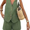 PRETTYGARDEN Women's Summer 2 Piece Outfits Sleeveless Matching Sets Button Down V Neck Vest Waistcoat and Pockets Shorts (Army Green) S