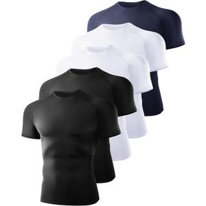 5 Pack Short Sleeve Compression Shirt Men - Workout Quick Dry Base Layer Shirts Moisture Wicking Top for Gym Athletic (X-Large, 1-Black/Black/White/White/Navy)