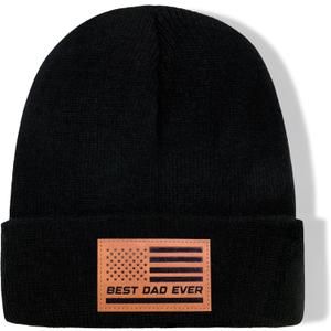 Beanie Hat for Dad, Leather Patch Knit Cuffed Winter Hat for Men