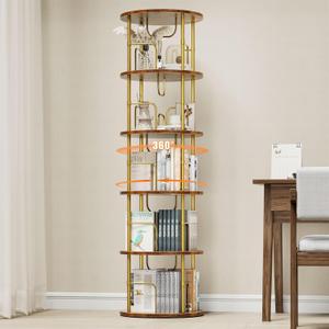 ALLSTAND 5 Tier Rotating Bookshelf, 360 Display Stackable Spinning Bookshelf Tower, Narrow Space Saving Tall Floor Standing Swivel Bookcase Corner Storage Organizer for Bedroom, Living Room, Gold, Round 5-Tier