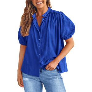 PRETTYGARDEN Women's Summer Button Down Shirts Short Lantern Sleeve V Neck Cotton Cute Dressy Casual Ladies Tops Blouses (Medium, Royal Blue)