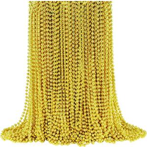 144 PCS Gold Mardi Gras Beads, Christmas Necklaces, 33'' 7 mm Metallic Party Beads Necklaces Bulk for Mardi Gras, Christmas, New Year's Day, Carnival Party Favors