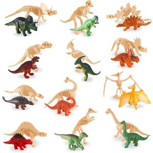 UPINS 24pcs Mini Dinosaur Figures and Dinosaur Fossil Skeletons,Plastic Dinosaurs Assorted Dino Bones with Storage Box Educational Gift for Science Play Sand Dig Party Favor Decorations