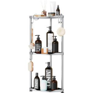 SWTYMIKI Corner Shower Caddy Standing - 3 Tier Stainless Steel Shower Organizer Stand, Large Capacity Floor Shelf with 4 Hooks, Rustproof Bathroom Storage Rack,Silver