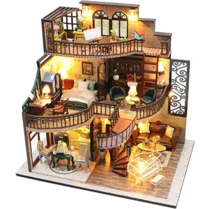 Spilay DIY Miniature Dollhouse Kit with Wooden Furniture,1:24 Scale Mini House with Dust Proof Cover & Music Box,Best Valentine's Day (M2132)