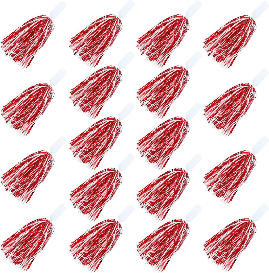 18PCS Cheerleading Pom Poms Metallic Foil Plastic Pom Poms with Baton Handle for Game Sports Squads Dancing Party Football Basketball Club Spirit Sports Stage Performance Celebration (Red and White)