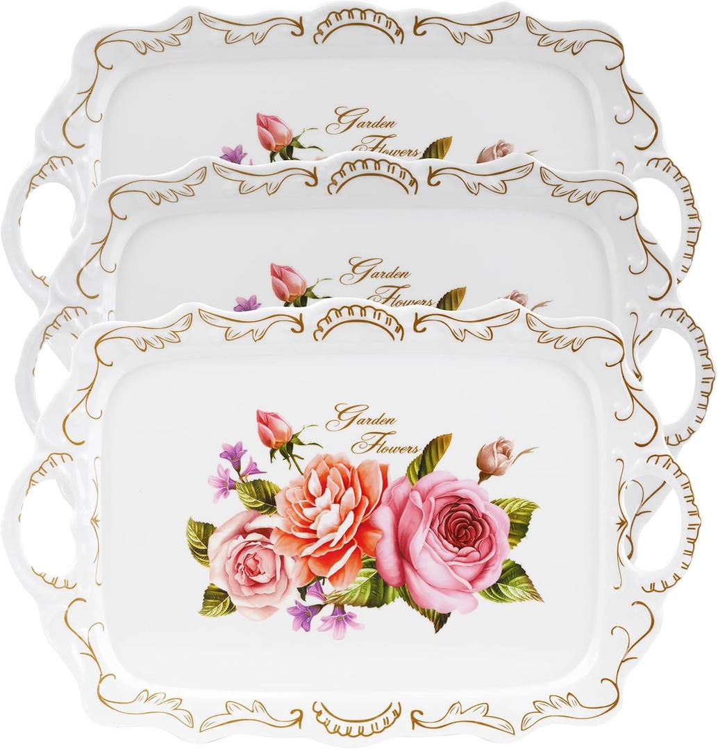 Nicunom 3 Pack Serving Trays with Handles, 16" L x 11" W Rectangular Trays for Eating, Melamine Serving Platters for Party, Floral Tray for Serving Food, Cookies, Desserts, Great Gift