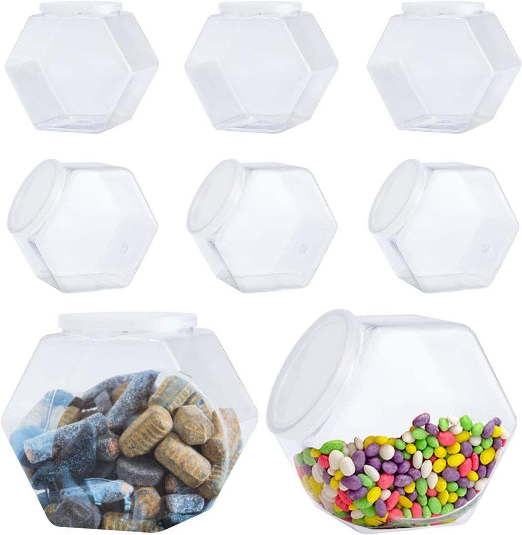 Candy jars with lids 8 Pack Plastic Candy Jars with Lid, Hexagon Candy Jars Cookie Jars for Kitchen, Clear Candy Containers for Snacks, Candy, Cookie, Dog Treats, Coffee Pod(30 OZ)