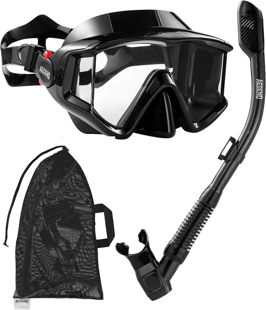 Aegend Snorkeling Gear for Adults, Dry Snorkel Set Panoramic View Enhanced Anti-Leak and Anti-Fog Technology, Adjustable Strap for Snorkeling Scuba Diving Swimming with Mesh Bag (Black)