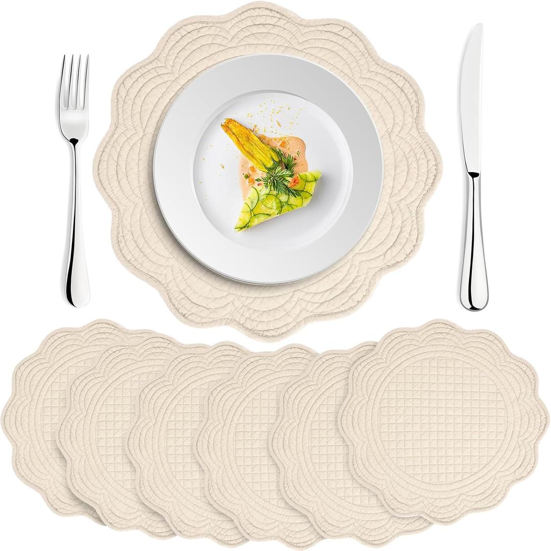 Upgraded 6PCS 15-Inch Extra Large Placemats-Large Size for Wide Coverage, Quilted Placemats Set of 6,100% Cotton with Microfiber Filling, Thick &Washable, Perfect for Dining & Holiday Gatherings,Flax