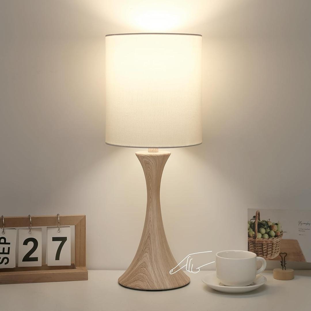 Bedside Touch Lamp, 3 Way Dimmable Touch Control Table Lamp, Wood Grain Farmhouse Table Lamp, Modern Nightstand Lamp with White Shade for Bedroom, Dorm, Office, 3000K LED Bulb Included