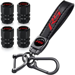 Tire Valve Stem Caps and Genuine Leather Car Keychain Keyring Compatible with Chevy Camaro RS Accessories