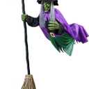 Halloween Animated Decorations Outdoor Scary Flying Hover Witch,6ft Flying Witch Decorations,Halloween-Animated Props with Scary Sounds and Lights for Halloween Outdoor Haunted House Garden Yard Deco (Purple Green)