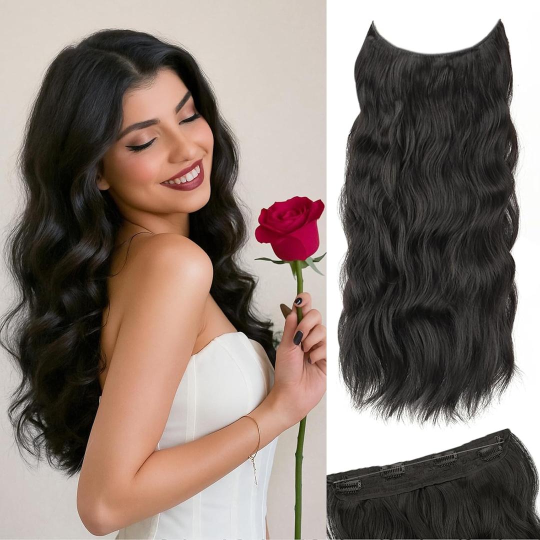 Halo Hair Extensions with Invisible Wire 20 Inch Natural Black Hair Extensions with 4 Secure Clips Wavy Synthetic Hair extensions for Women Daily Part Use
