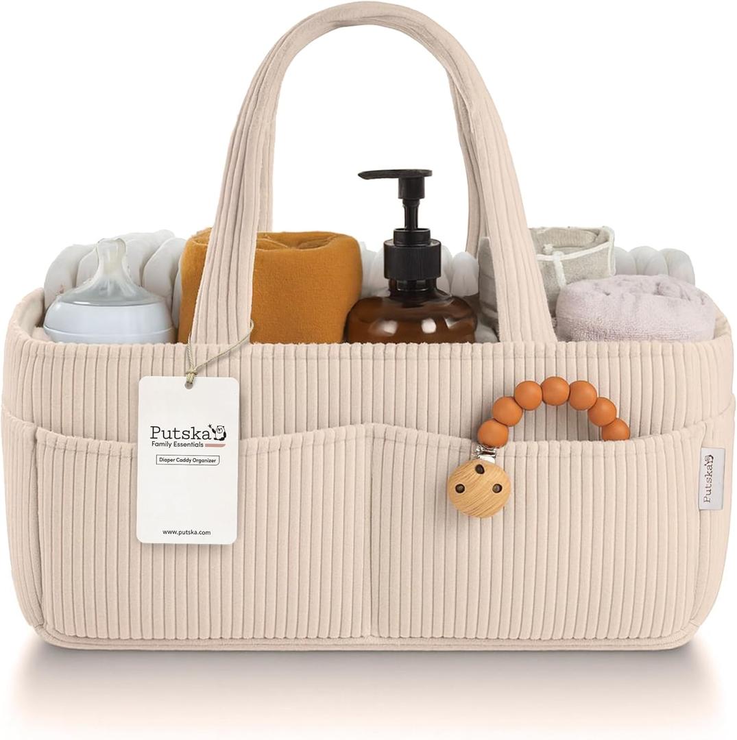 PUTSKA Baby Diaper Caddy Organizer for Changing Table – Stylish Nursery Storage Basket, Newborn Essentials, Baby Shower Gifts and Registry Must-Haves for Boy or Girl, Car Diaper Caddy, Corduroy Cream