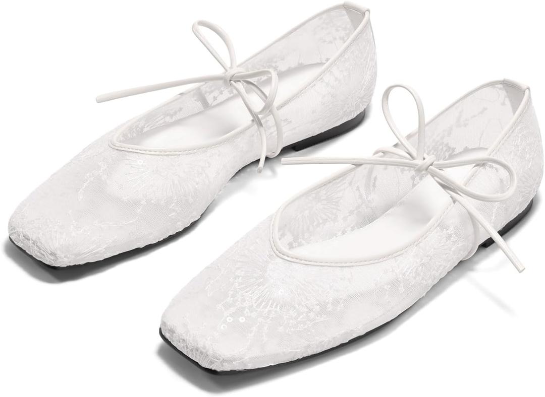 Coutgo Womens Mary Jane Flats Lace Up Square Toe Ballet Ballerina Flats Slip On Comfortable Dressy Shoes, 7.5
