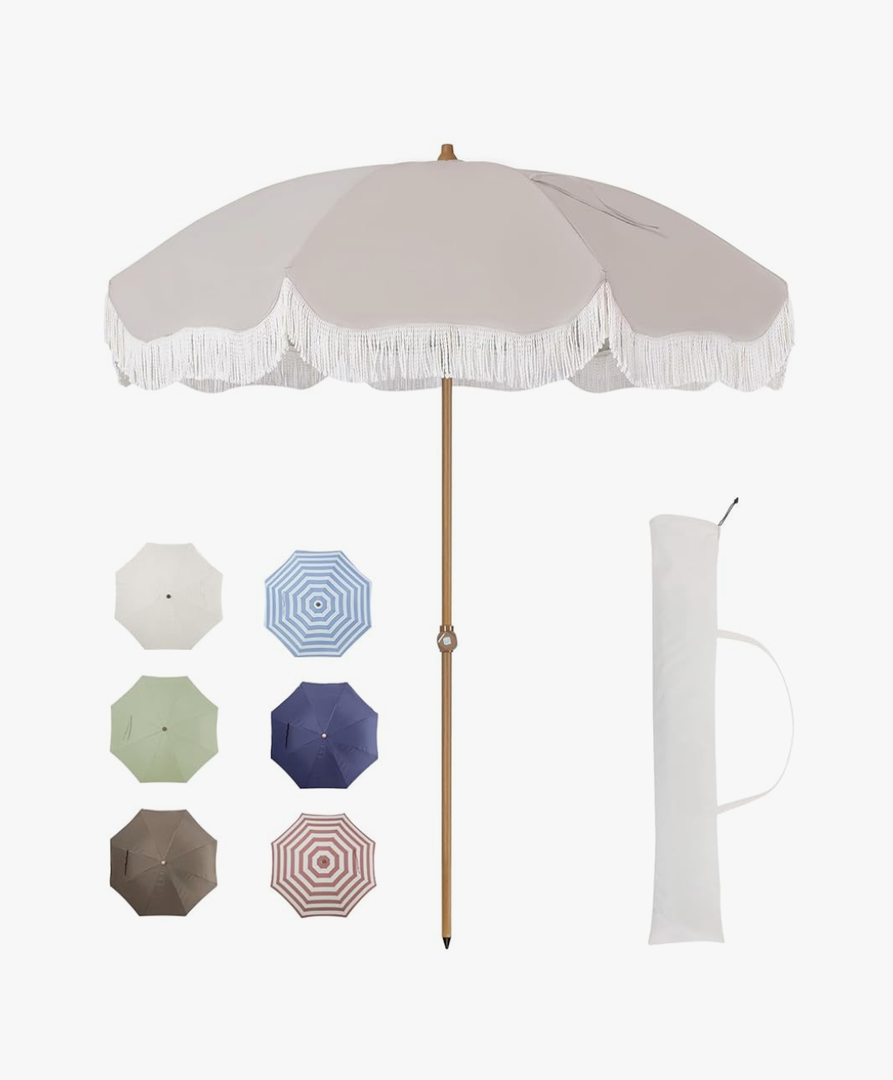 Tempera 7ft Outdoor Patio Umbrella with Carry Bag,Beach Umbrella with Fringe|Vintage Tassel Umbrella with Prime Steel Pole and Ribs Push Button Tilt,Ideal for Garden Lawn,UPF50+