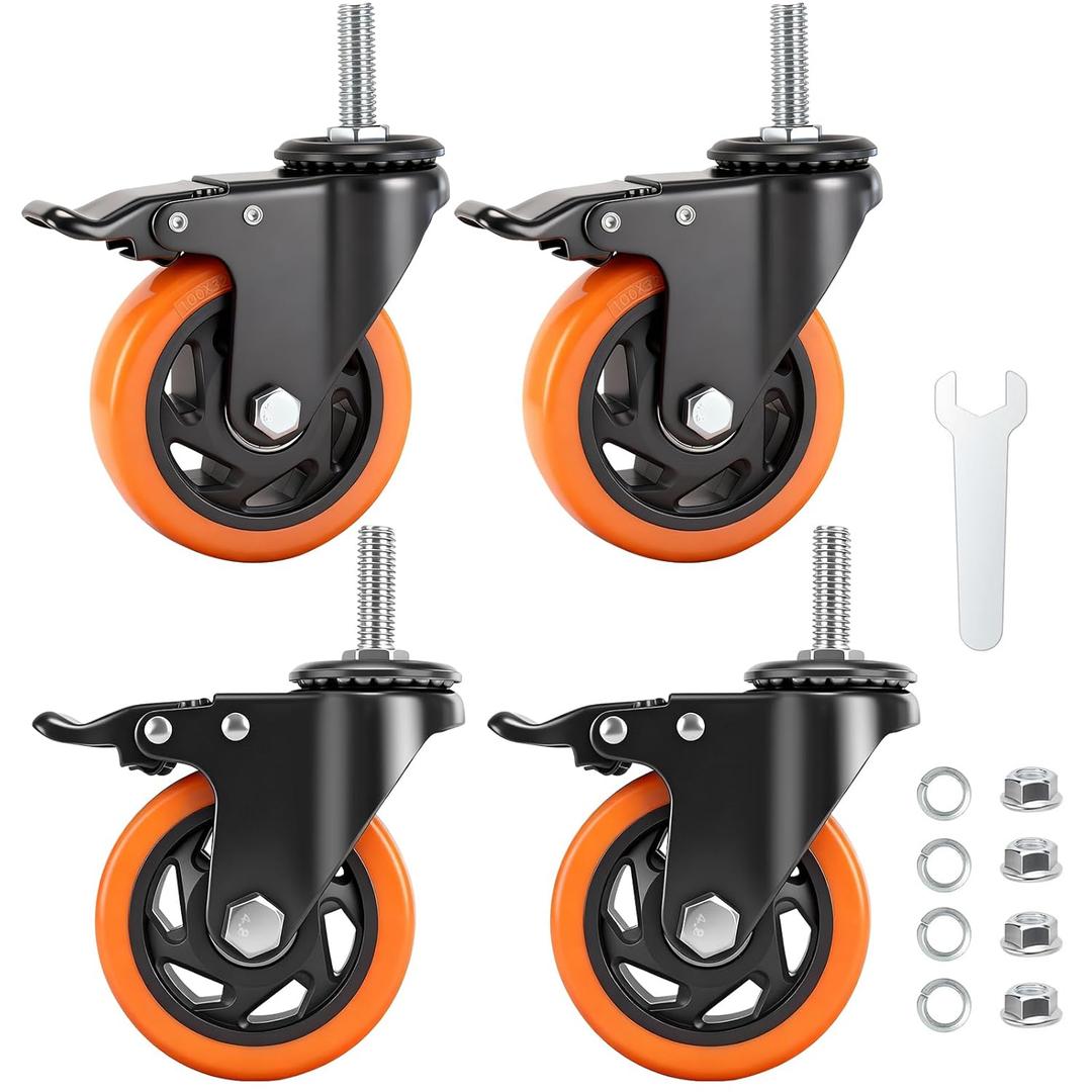 Caster Wheels,4 Inch Casters Set of 4,1/2"-13 x 1 (Screw Diameter 1/2", Screw Length 1.5") Threaded Stem Casters, Locking Industrial Swivel Castors Wheels for Furniture and Workbench Cart