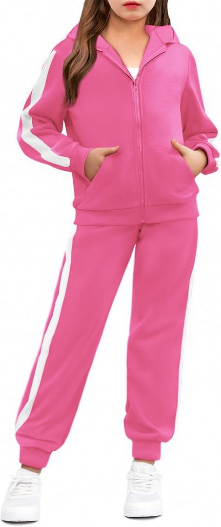 Arshiner Girls 2 Piece Outfits Sweat suits Zip Up Hoodie Sweatshirt and Sweat pant Athletic Tracksuit Jogger Set (8-9 Years, Rose)