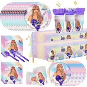 170pcs Birthday Party Supplies Plates Napkins Tablecloth Girls Birthday Decorations Paper Cup Disposable Table Cover Fans Party Decor Severs 24 Guest (Purple)