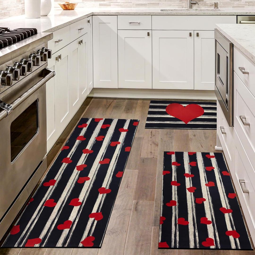 Rubber Kitchen Rugs Sets of 3 Non Slip Washable Mats Set for Home Kitchen Floor Valentine's Day Decoration (Red Heart, 20"x32"+20"x48"+20"x59")