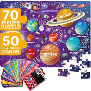 QUOKKA Solar System Puzzles for Kids Ages 4-6 - 70 Pcs Fun Kids Puzzles Ages 5-8 Preschool Floor Activities - Includes 50 Cards with 400+ Space Facts- Planet-Shaped Jigsaw Puzzle Gift for Girls Boys